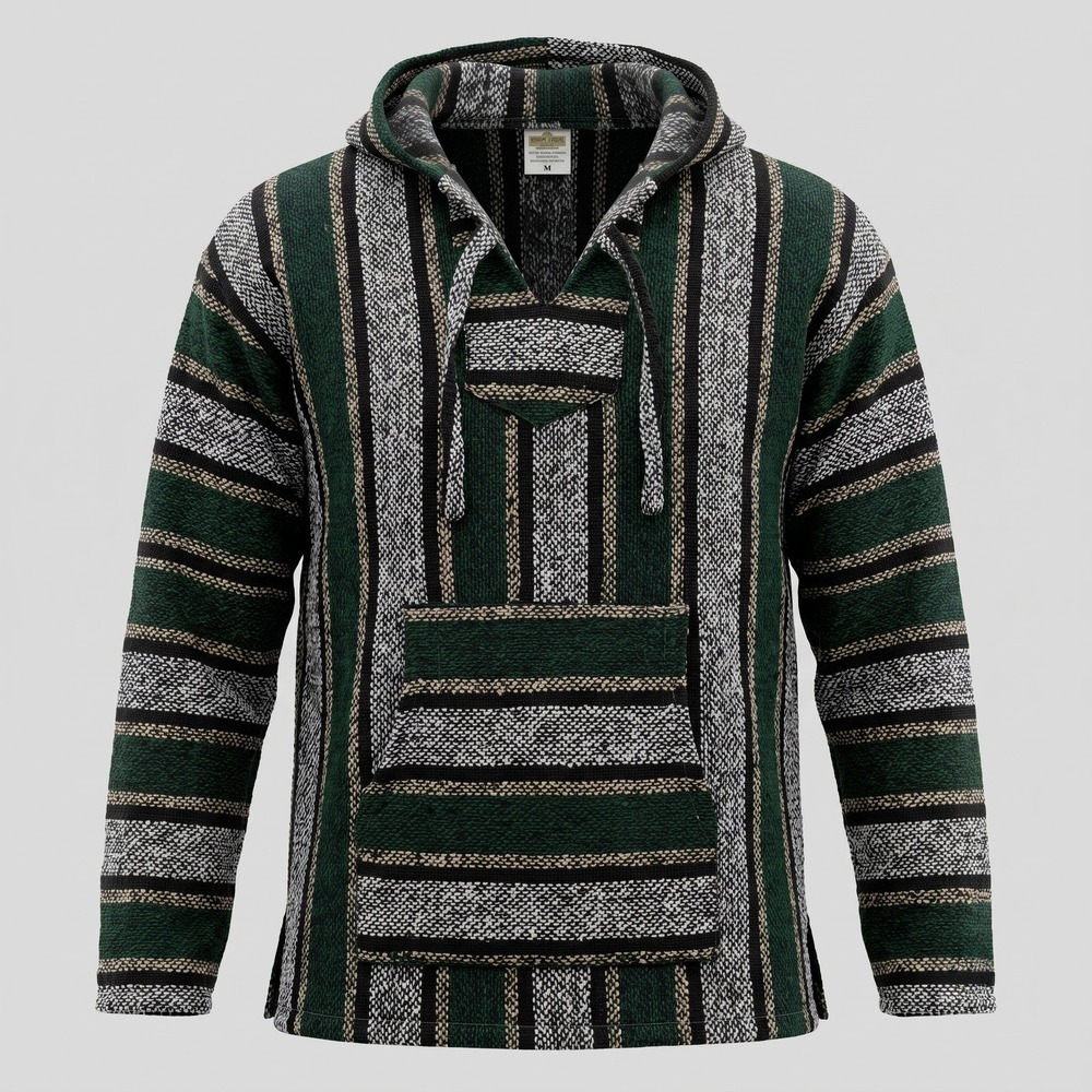 Emisa Mens XL Green‎ Striped Baja Hoodie Mexican Poncho Jerga Pullover Sweater
